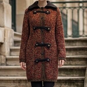 Patricia‎ Barrera Alpaca Wool Leather Knit Toggle Cardigan Coat Chile Handmade L